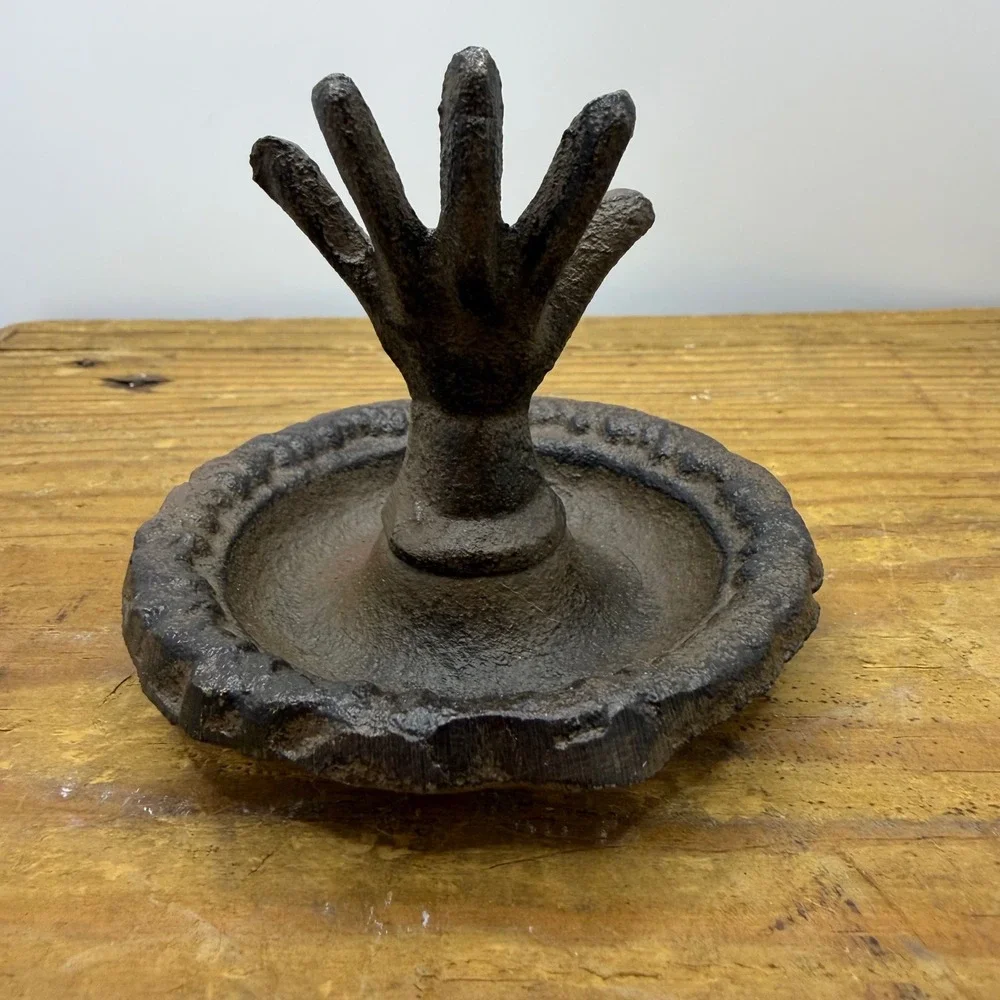Cast Iron Hand Ring Holder Jewelry Dish Rustic Trinket Tray Dark Brown Decor